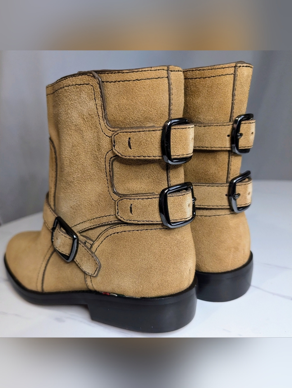 New In Box W/ Tags Franco Sarto Suede Moto Ankle Boots Tan Buckle Booties Sz 8